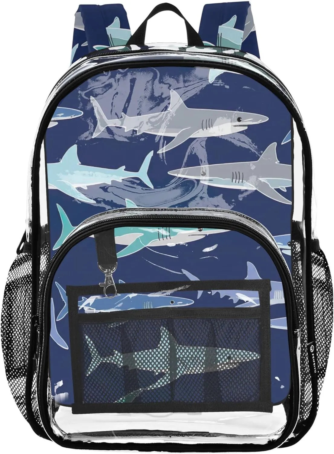 Women Clear Backpack Cute Cartoon Sharks Dark Blue Kids Backpack Boys Girls Plastic See through Bookbag