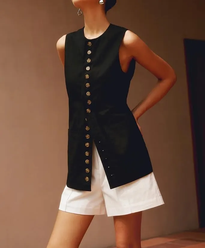 Women Cotton Linen Vest Summer Long Lightweight Button Down Sleeveless Casual Tank Tops with Drawstring
