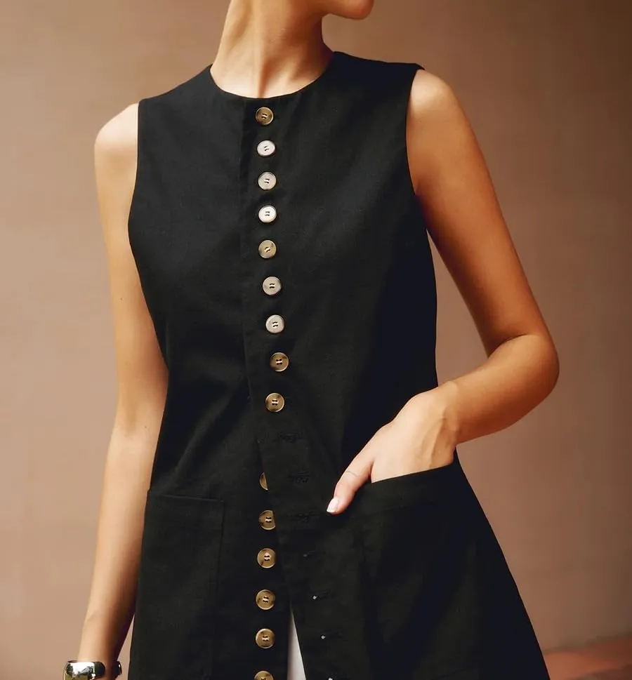 Women Cotton Linen Vest Summer Long Lightweight Button Down Sleeveless Casual Tank Tops with Drawstring