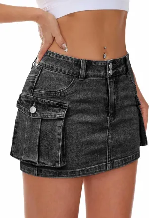 Women Denim Cargo Skirt Mini Low Waist Button Bodycon Y2K Flap Pockets Skirts