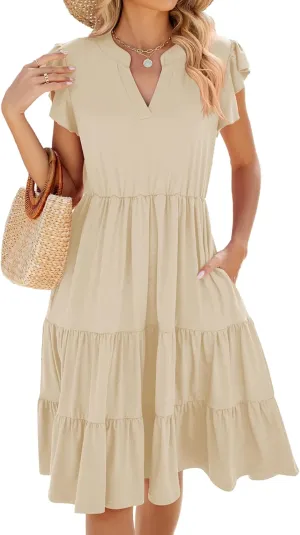 Women Dresses 2025 Boho Casual Summer Dress Ruffle Short Sleeve Aline Flowy Swing Party Travel Beach Sundress