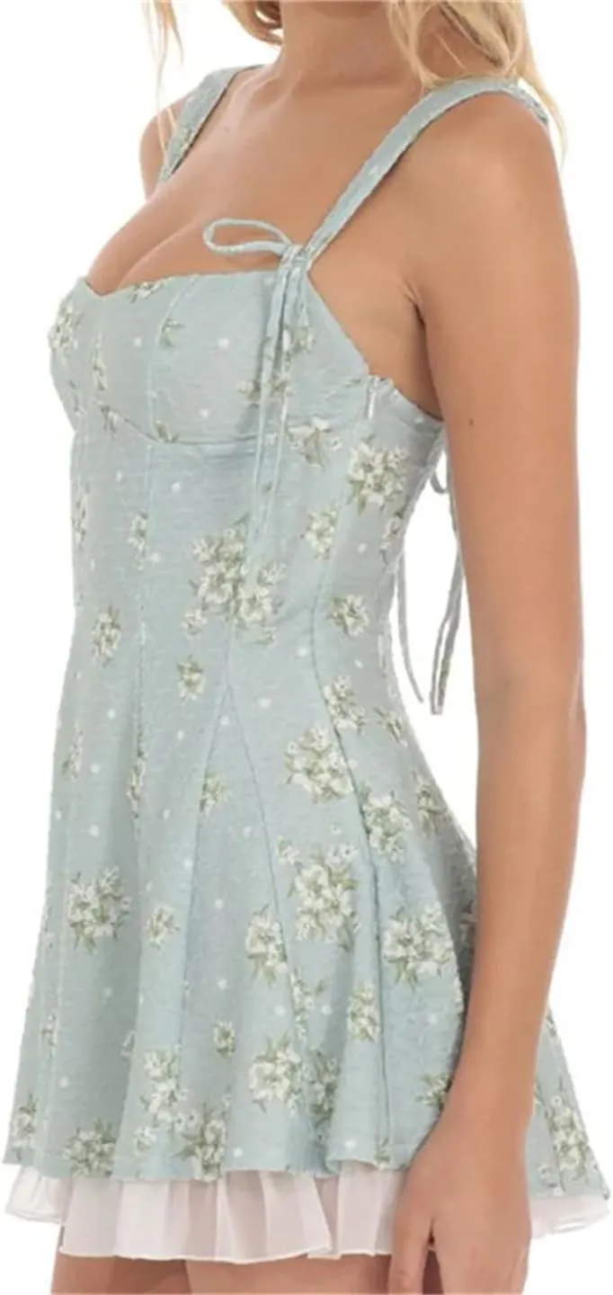 Women Floral Print A-Line Mini Dress Sleeveless Tie-Up Strap Low Cut Ruffles Hem Slim Fit Dress