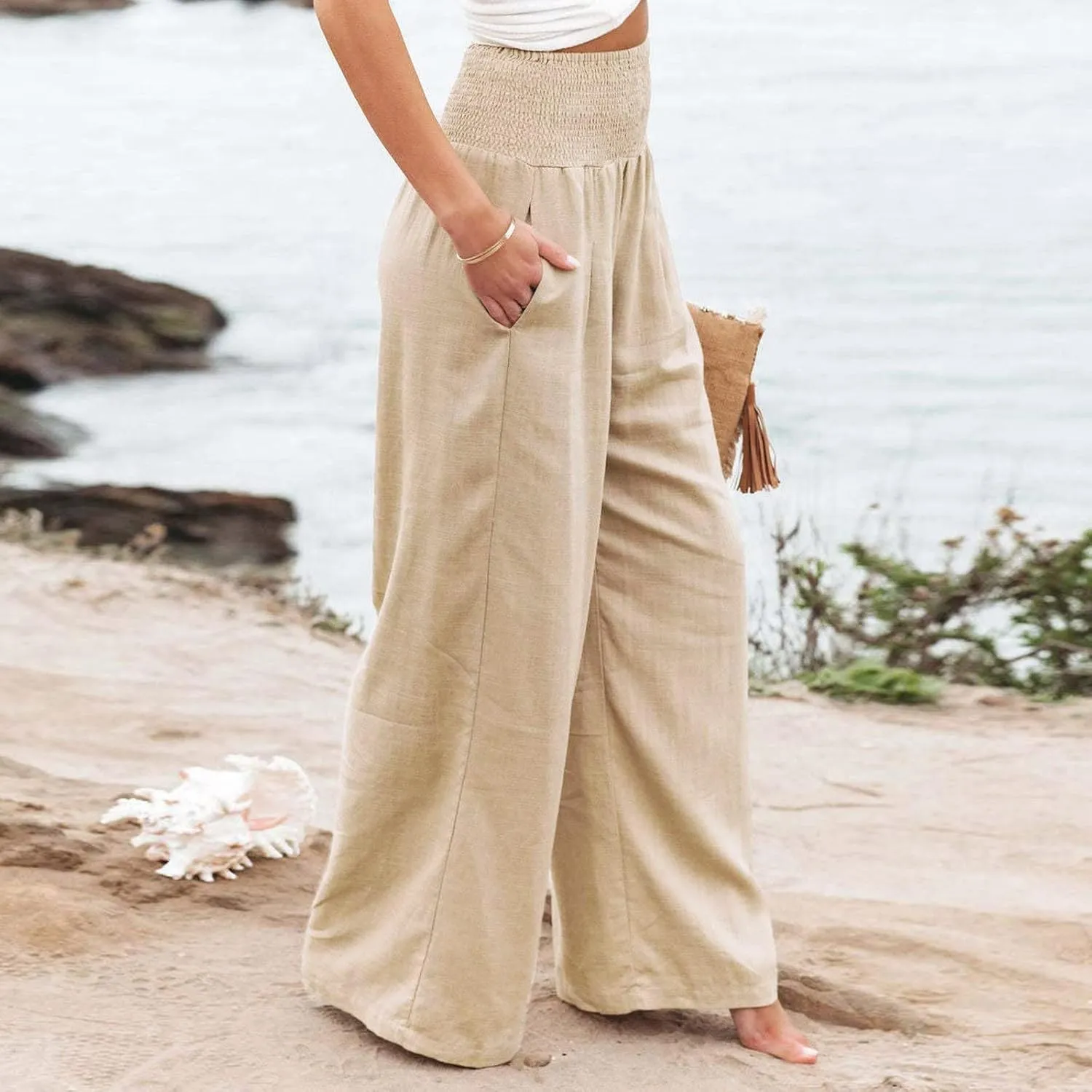 Women Linen Palazzo Pants Boho Wide Leg High Waist Casual Lounge Pant Trousers with Pockets Straight Leg Comfy Pants
