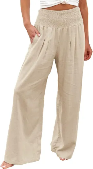 Women Linen Palazzo Pants Boho Wide Leg High Waist Casual Lounge Pant Trousers with Pockets Straight Leg Comfy Pants