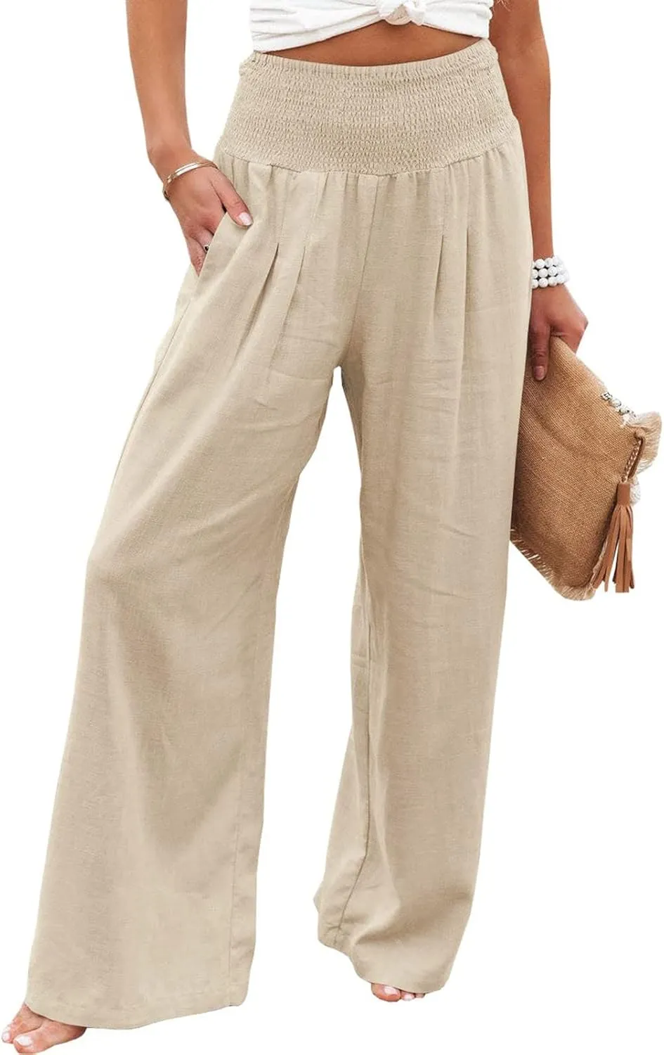 Women Linen Palazzo Pants Boho Wide Leg High Waist Casual Lounge Pant Trousers with Pockets Straight Leg Comfy Pants