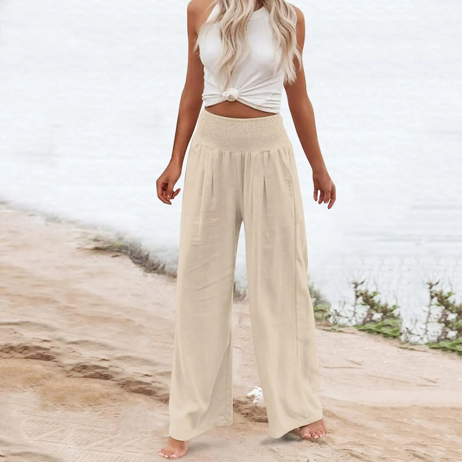 Women Linen Palazzo Pants Boho Wide Leg High Waist Casual Lounge Pant Trousers with Pockets Straight Leg Comfy Pants