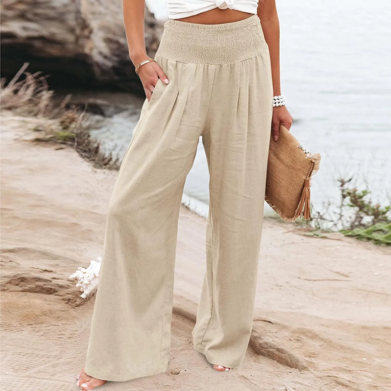 Women Linen Palazzo Pants Boho Wide Leg High Waist Casual Lounge Pant Trousers with Pockets Straight Leg Comfy Pants