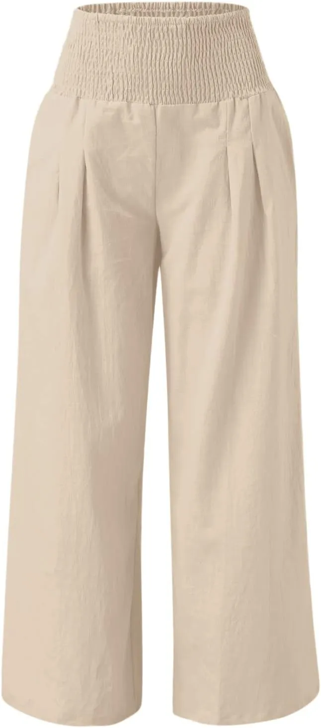 Women Linen Palazzo Pants Boho Wide Leg High Waist Casual Lounge Pant Trousers with Pockets Straight Leg Comfy Pants