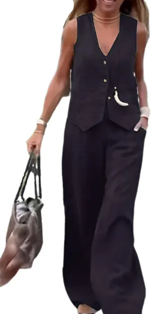 Women Linen Vest Set Casual Sleeveless V Neck Button Down Tops and Wide Led Suit Pant with Pocket