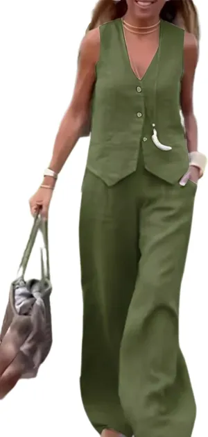 Women Linen Vest Set Casual Sleeveless V Neck Button Down Tops and Wide Led Suit Pant with Pocket