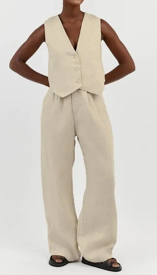 Women Linen Vest Set Casual Sleeveless V Neck Button Down Tops and Wide Led Suit Pant with Pocket