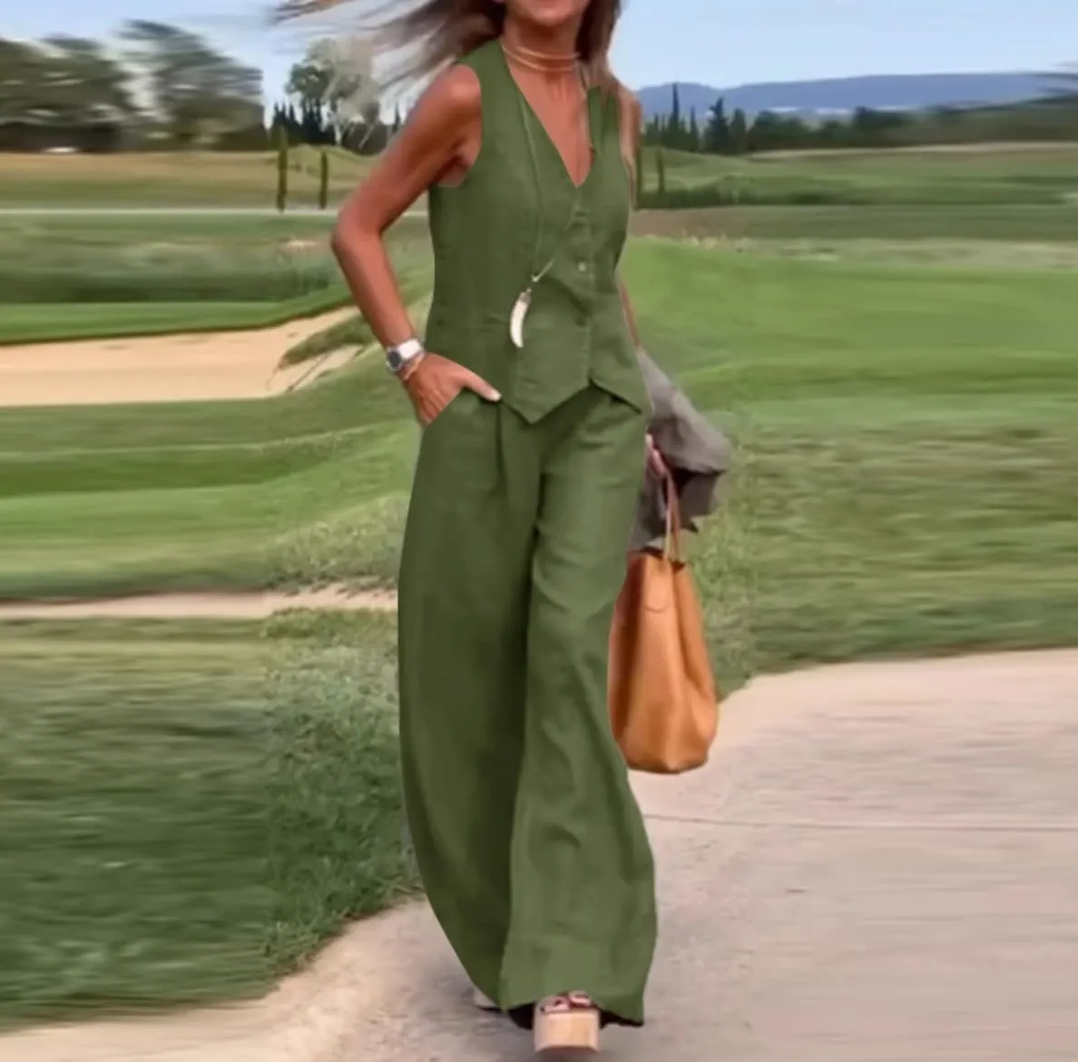 Women Linen Vest Set Casual Sleeveless V Neck Button Down Tops and Wide Led Suit Pant with Pocket