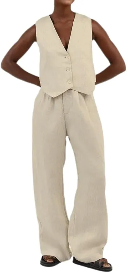 Women Linen Vest Set Casual Sleeveless V Neck Button Down Tops and Wide Led Suit Pant with Pocket