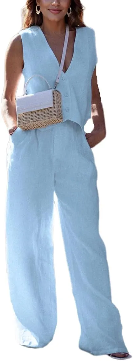 Women Linen Vest Set Casual Sleeveless V Neck Button Down Tops and Wide Led Suit Pant with Pocket