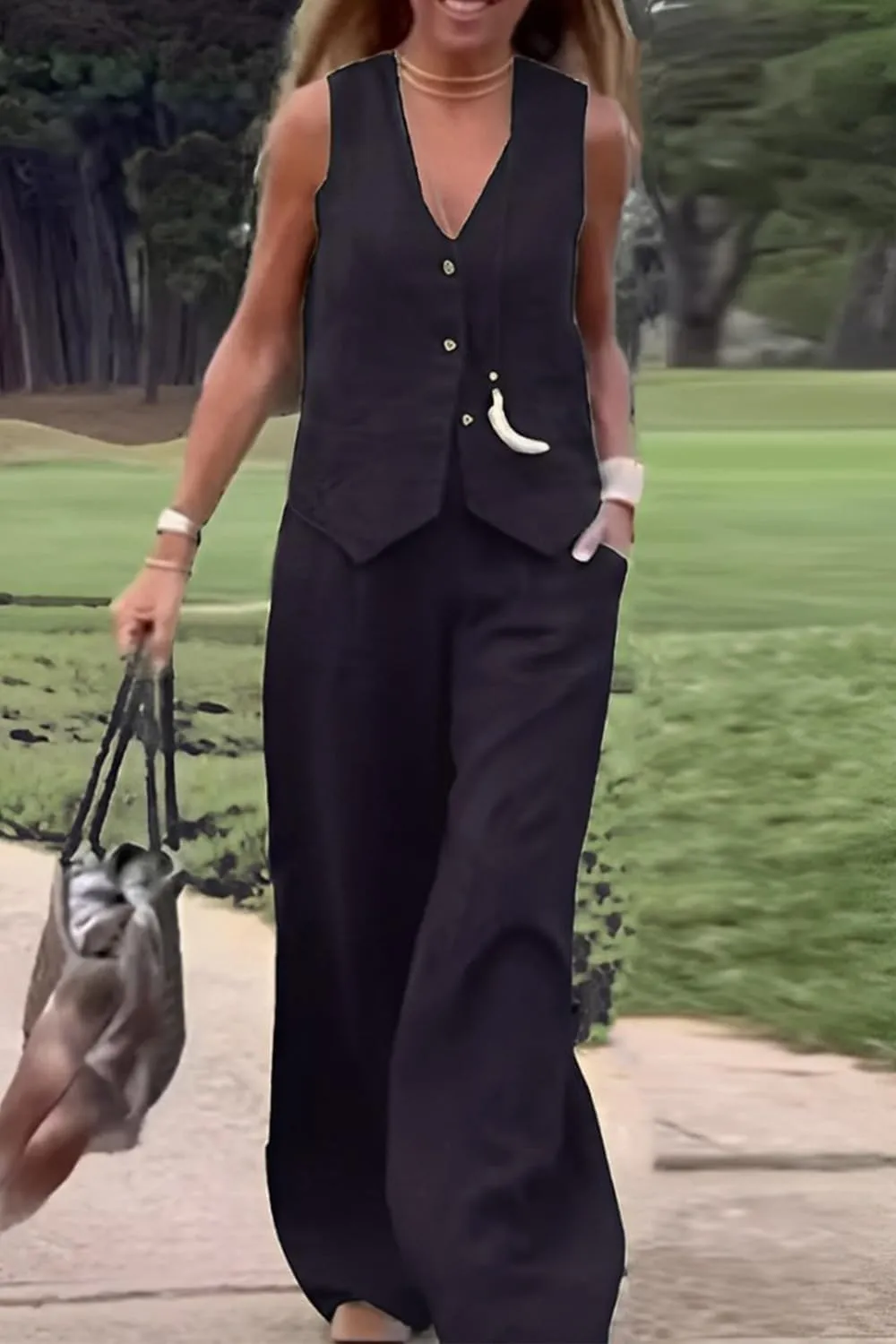 Women Linen Vest Set Casual Sleeveless V Neck Button Down Tops and Wide Led Suit Pant with Pocket