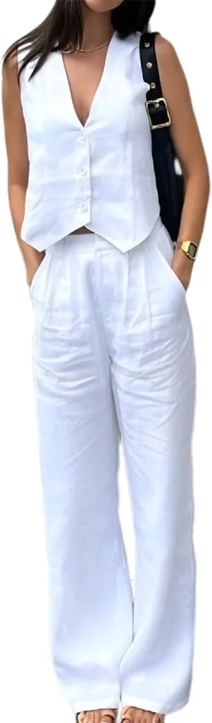Women Linen Vest Set Casual Sleeveless V Neck Button Down Tops and Wide Led Suit Pant with Pocket
