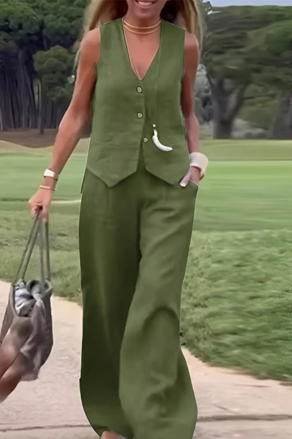 Women Linen Vest Set Casual Sleeveless V Neck Button Down Tops and Wide Led Suit Pant with Pocket