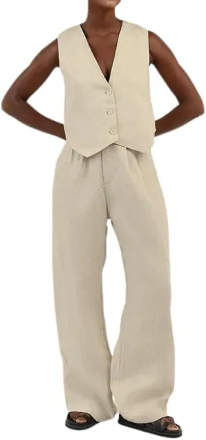Women Linen Vest Set Casual Sleeveless V Neck Button Down Tops and Wide Led Suit Pant with Pocket