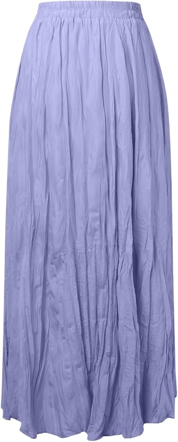 Women Maxi Skirt High Elastic Waist A Line Long Skirt Summer Casual Ruffle Pleated Midi Dress Vintage Wrap Loose