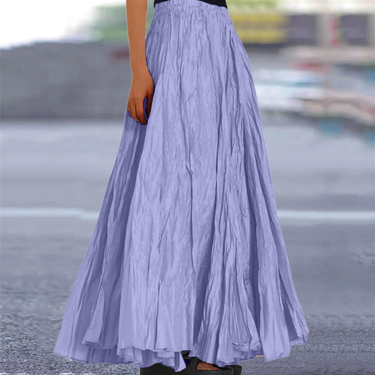 Women Maxi Skirt High Elastic Waist A Line Long Skirt Summer Casual Ruffle Pleated Midi Dress Vintage Wrap Loose