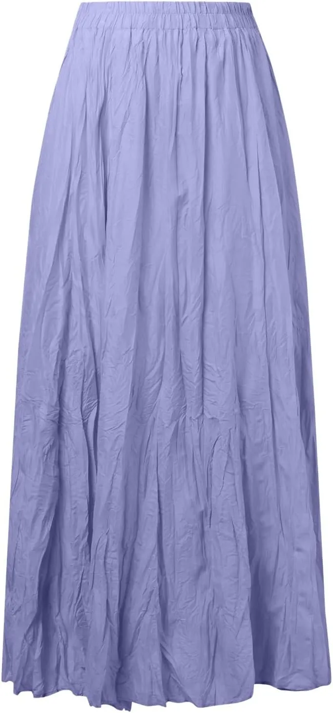 Women Maxi Skirt High Elastic Waist A Line Long Skirt Summer Casual Ruffle Pleated Midi Dress Vintage Wrap Loose