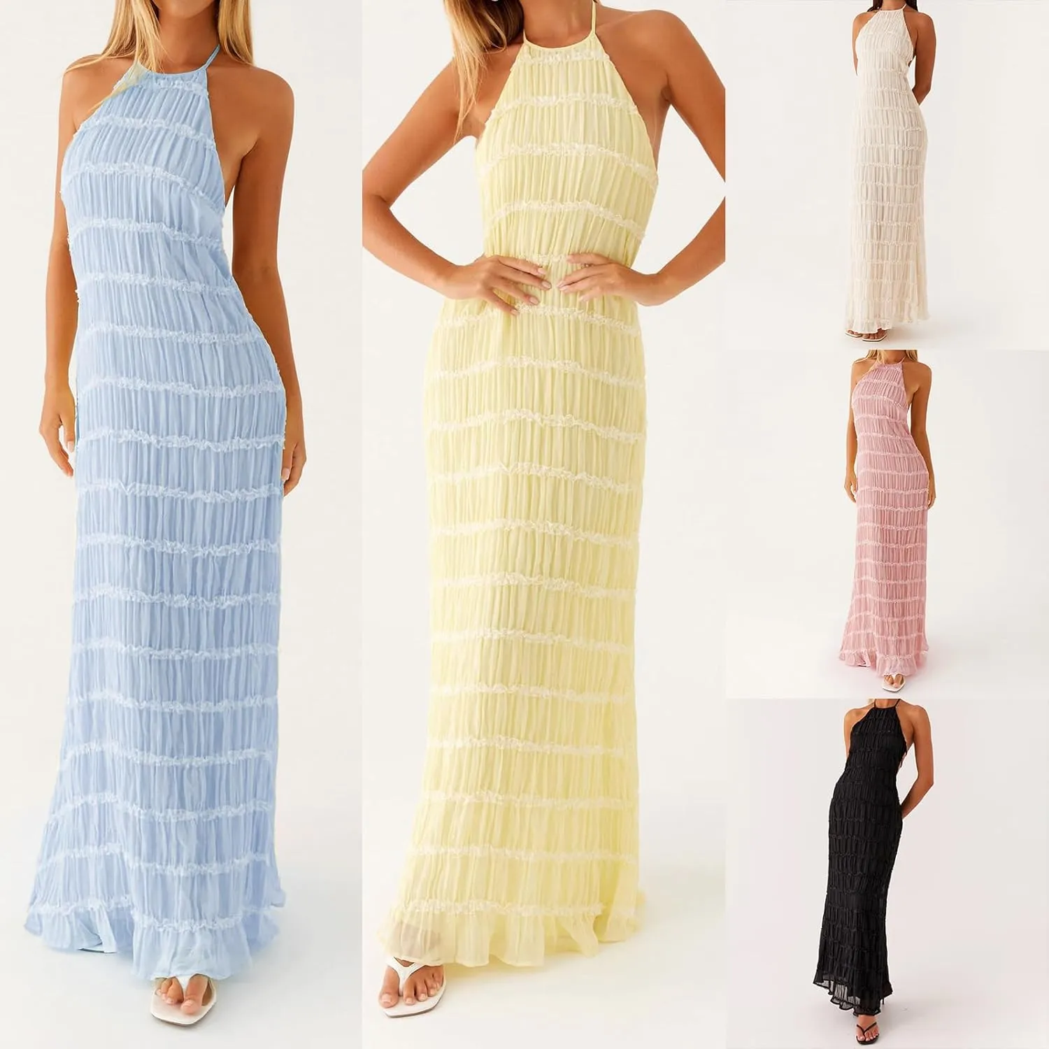 Women Sexy Sleeveless Halter Neck Ruffle Maxi Dress Backless Bodycon Long Dress Summer Vacation Beach Sundress