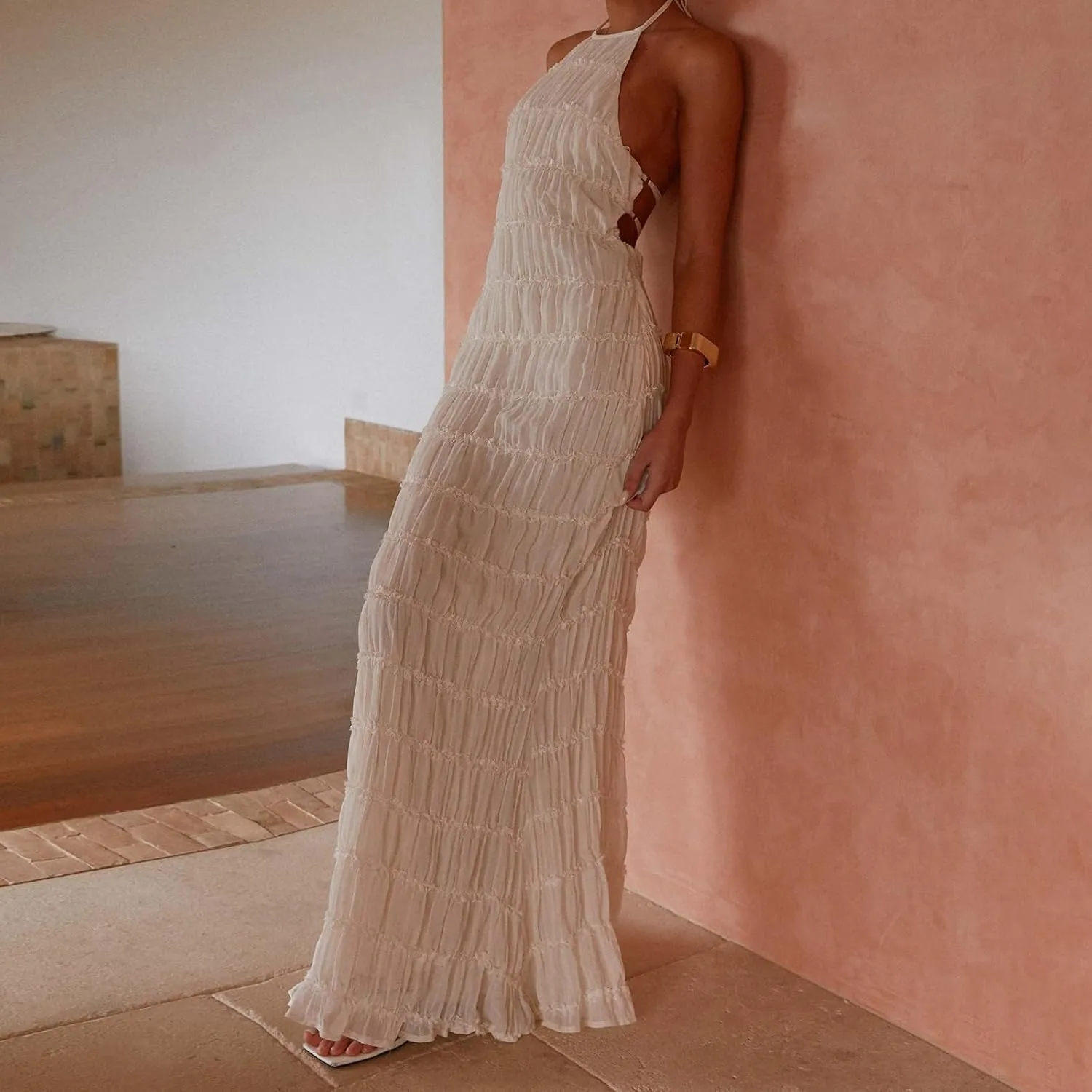 Women Sexy Sleeveless Halter Neck Ruffle Maxi Dress Backless Bodycon Long Dress Summer Vacation Beach Sundress