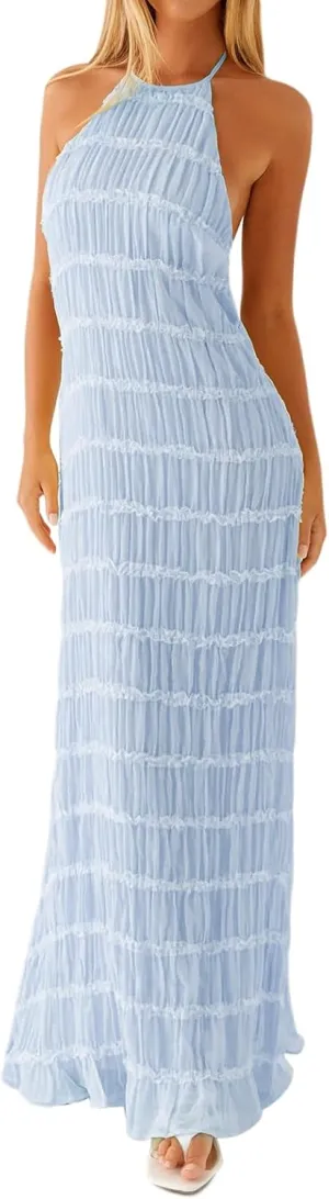 Women Sexy Sleeveless Halter Neck Ruffle Maxi Dress Backless Bodycon Long Dress Summer Vacation Beach Sundress