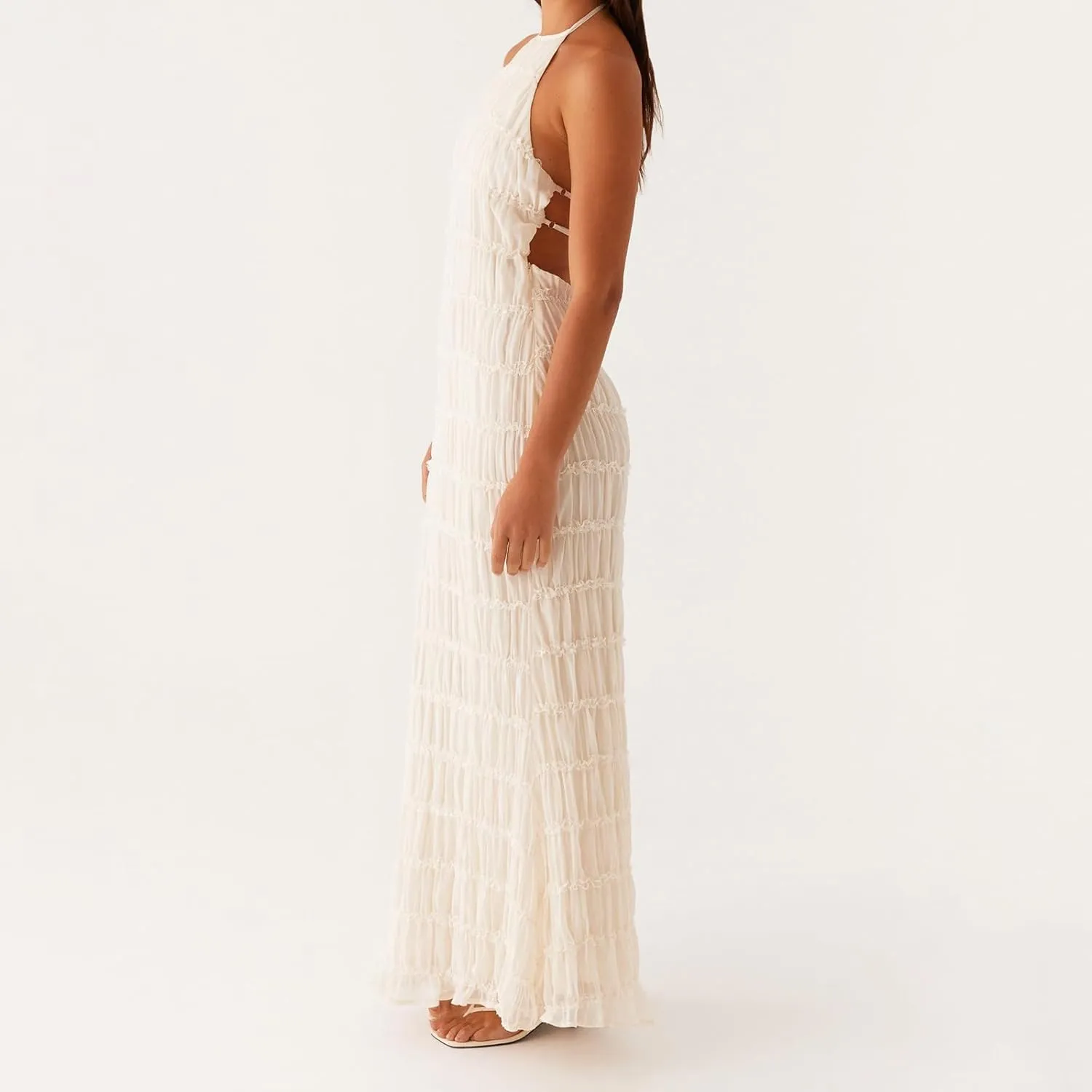 Women Sexy Sleeveless Halter Neck Ruffle Maxi Dress Backless Bodycon Long Dress Summer Vacation Beach Sundress