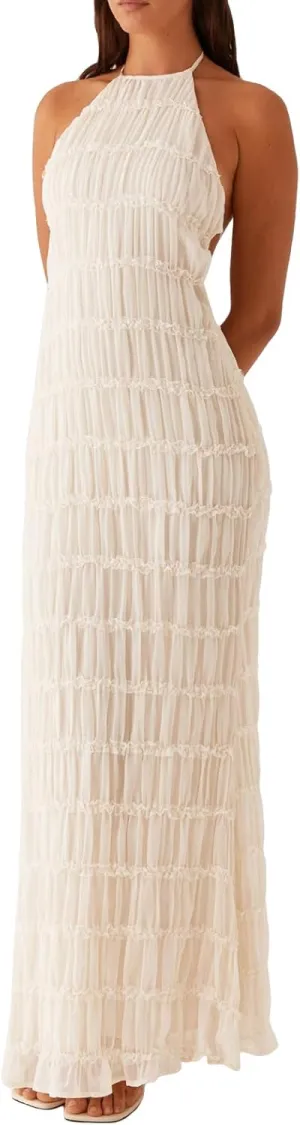 Women Sexy Sleeveless Halter Neck Ruffle Maxi Dress Backless Bodycon Long Dress Summer Vacation Beach Sundress