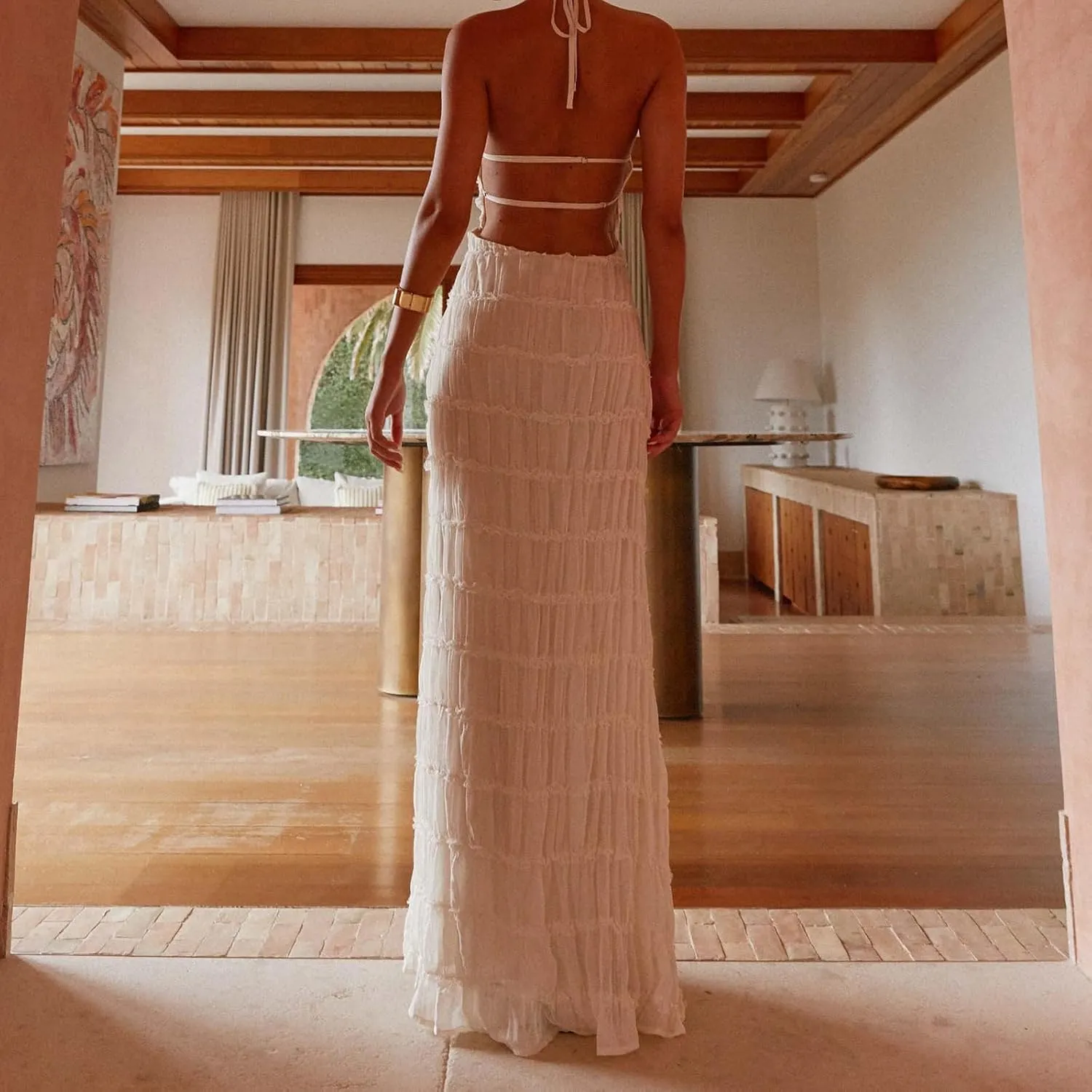 Women Sexy Sleeveless Halter Neck Ruffle Maxi Dress Backless Bodycon Long Dress Summer Vacation Beach Sundress