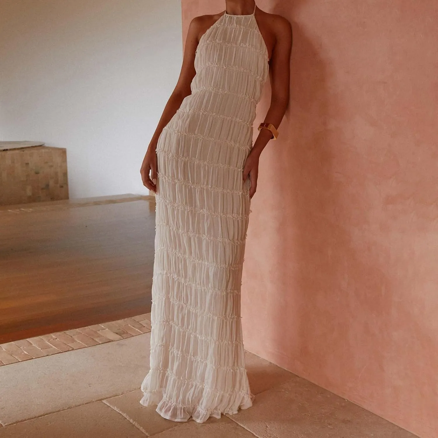 Women Sexy Sleeveless Halter Neck Ruffle Maxi Dress Backless Bodycon Long Dress Summer Vacation Beach Sundress