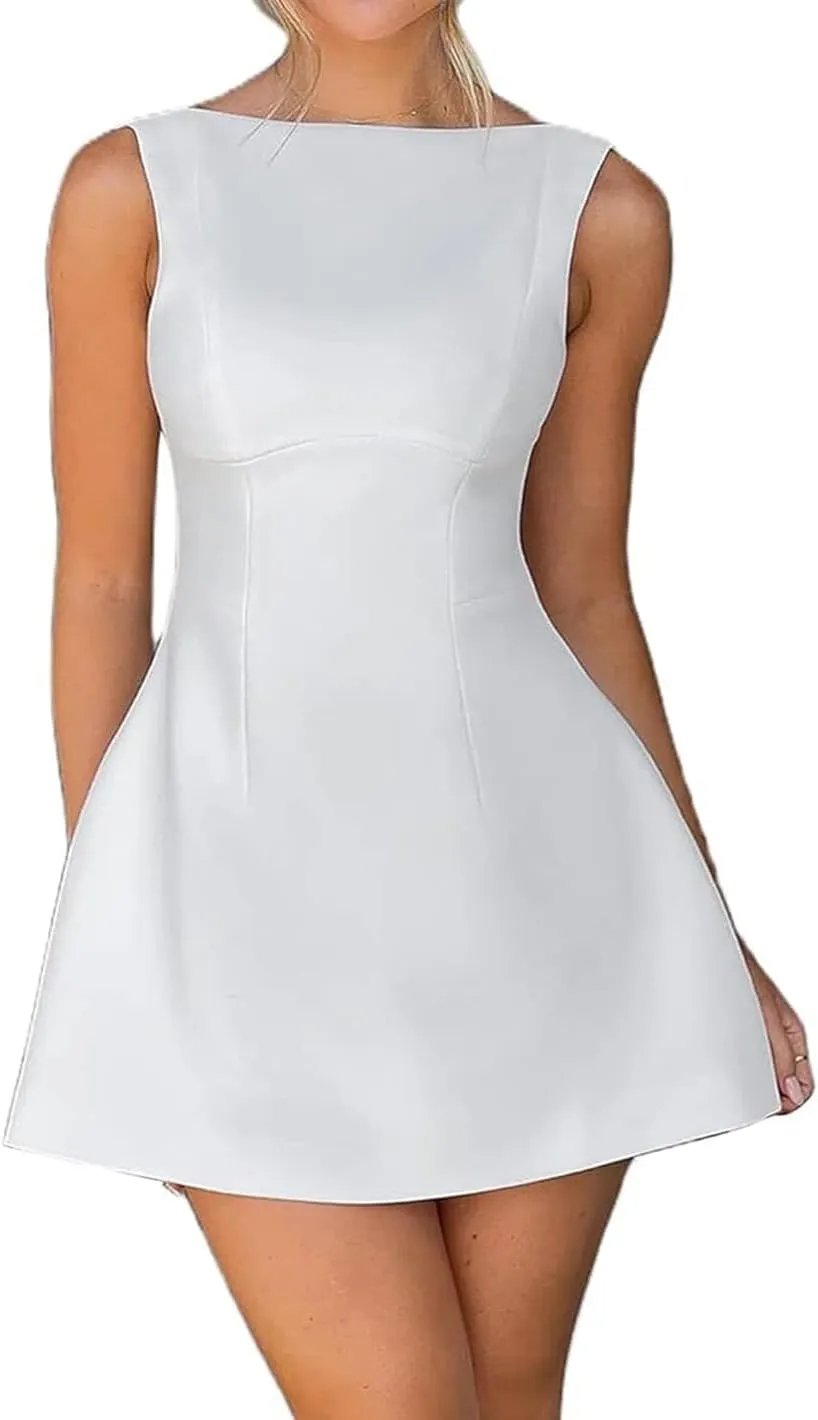 Women Sleeveless Mini Dress Summer Mock Neck Zipper Backless Slim A Line Dress Party Cocktail Bodycon Short Dresses