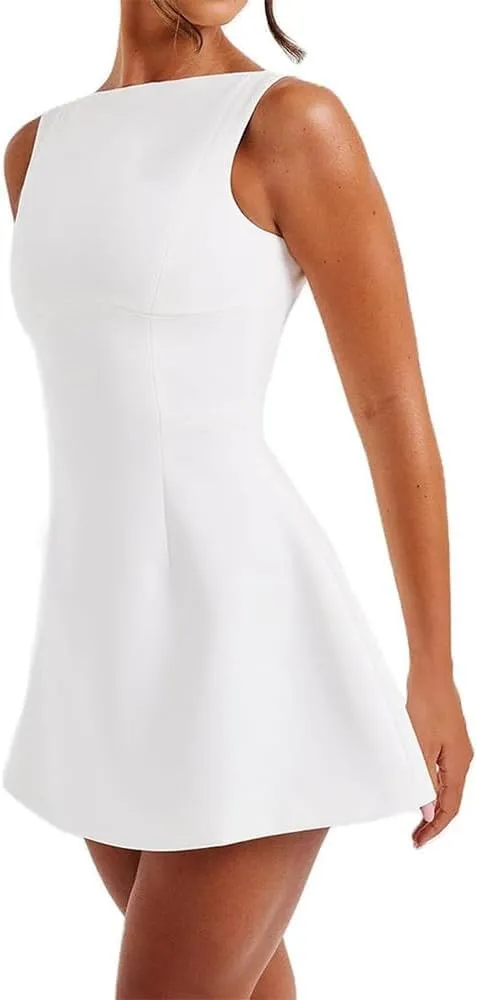 Women Sleeveless Mini Dress Summer Mock Neck Zipper Backless Slim A Line Dress Party Cocktail Bodycon Short Dresses