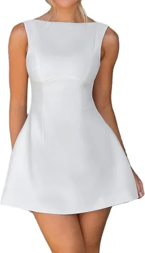 Women Sleeveless Mini Dress Summer Mock Neck Zipper Backless Slim A Line Dress Party Cocktail Bodycon Short Dresses