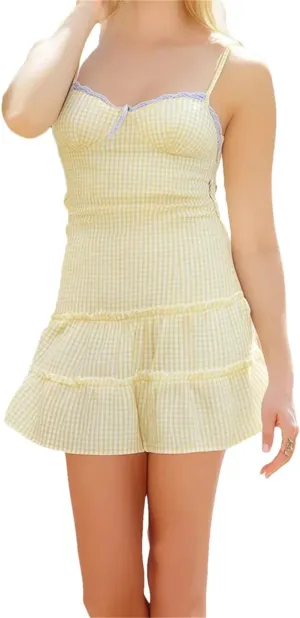 Women Sleeveless Strap Mini Dress Casual Lace Trim Plaid Print Backless Ruffles Party Dress Vacation Beach Streetwear