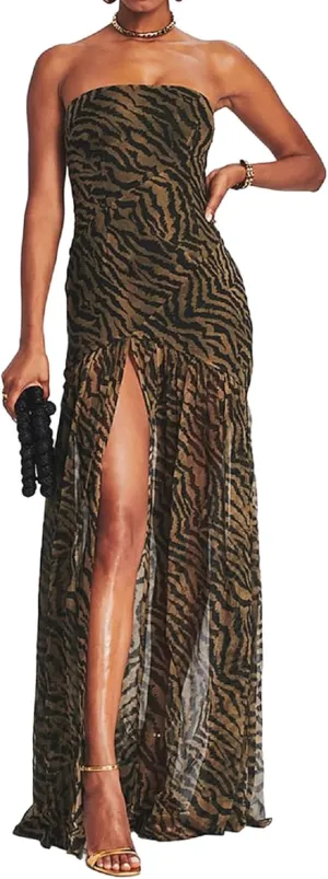 Women Strapless Maxi Dress Boho Floral Print Flowy Long Tube Dress Off Shoulder Loose Beach Sundress