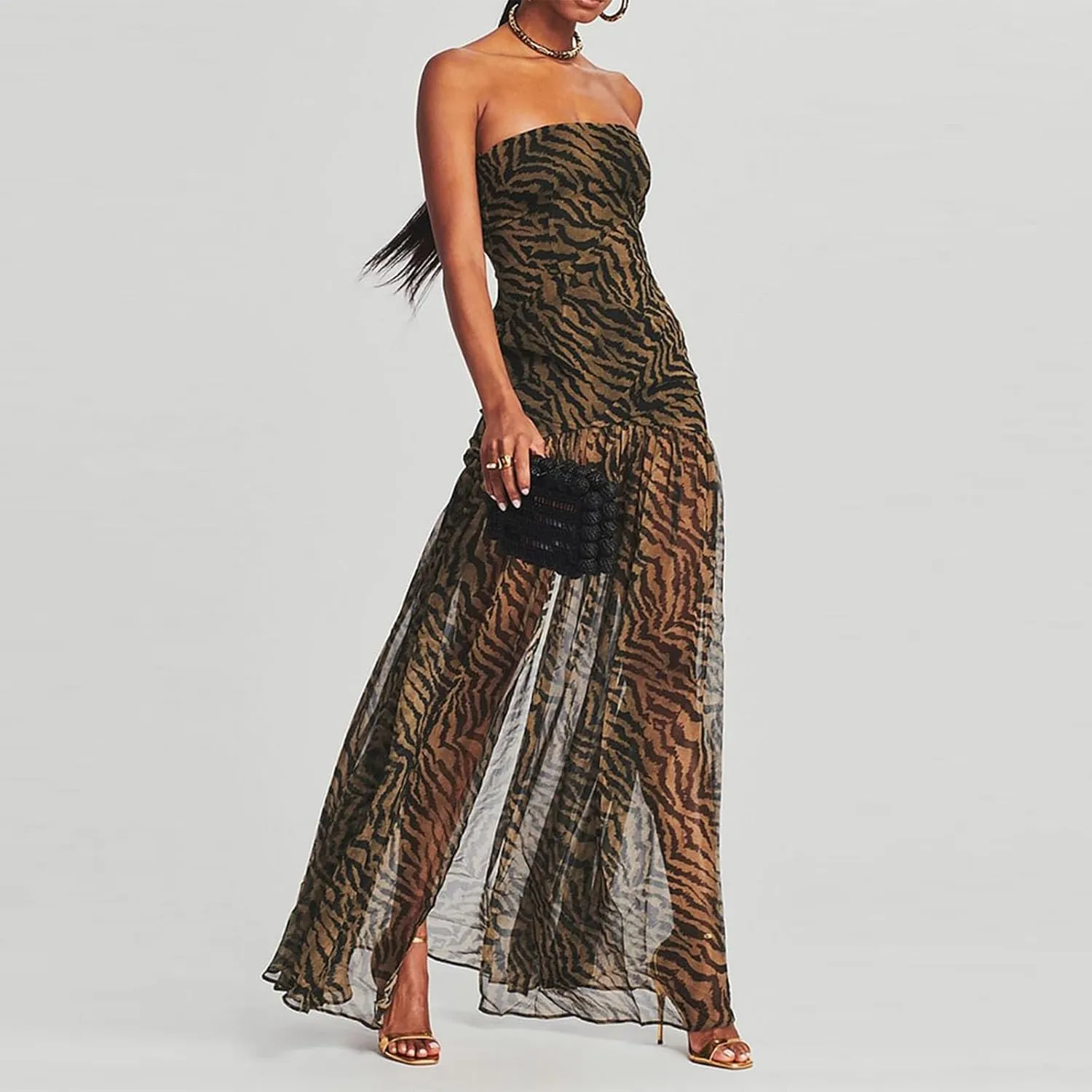 Women Strapless Maxi Dress Boho Floral Print Flowy Long Tube Dress Off Shoulder Loose Beach Sundress