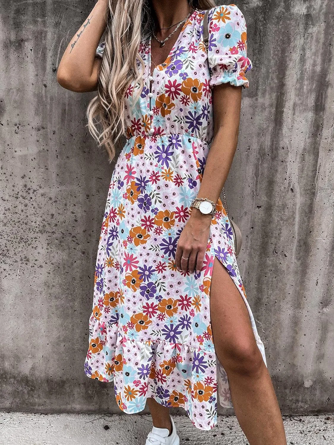 Women Summer Boho Short Sleeve Floral Maxi Dress V Neck Ruffle Bohemian Swing Beach Dresses Sundress