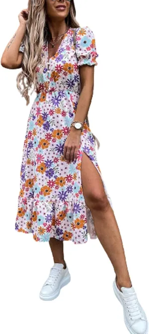 Women Summer Boho Short Sleeve Floral Maxi Dress V Neck Ruffle Bohemian Swing Beach Dresses Sundress