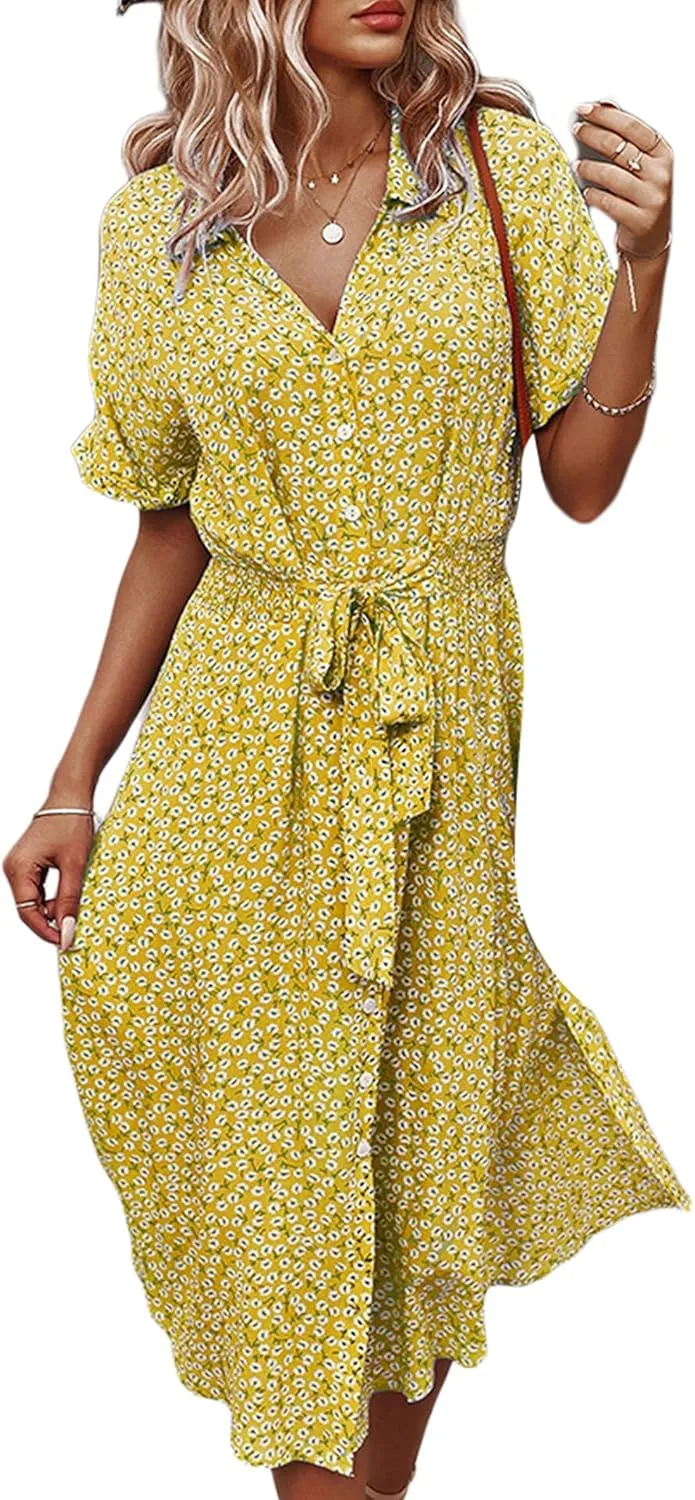 Women Summer Boho Short Sleeve Floral Maxi Dress V Neck Ruffle Bohemian Swing Beach Dresses Sundress