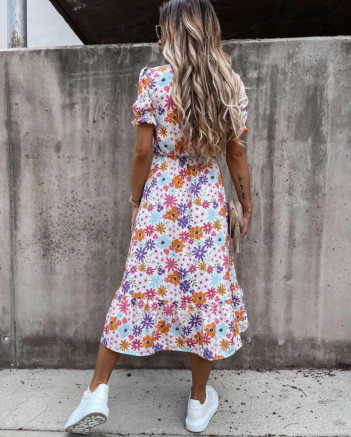 Women Summer Boho Short Sleeve Floral Maxi Dress V Neck Ruffle Bohemian Swing Beach Dresses Sundress