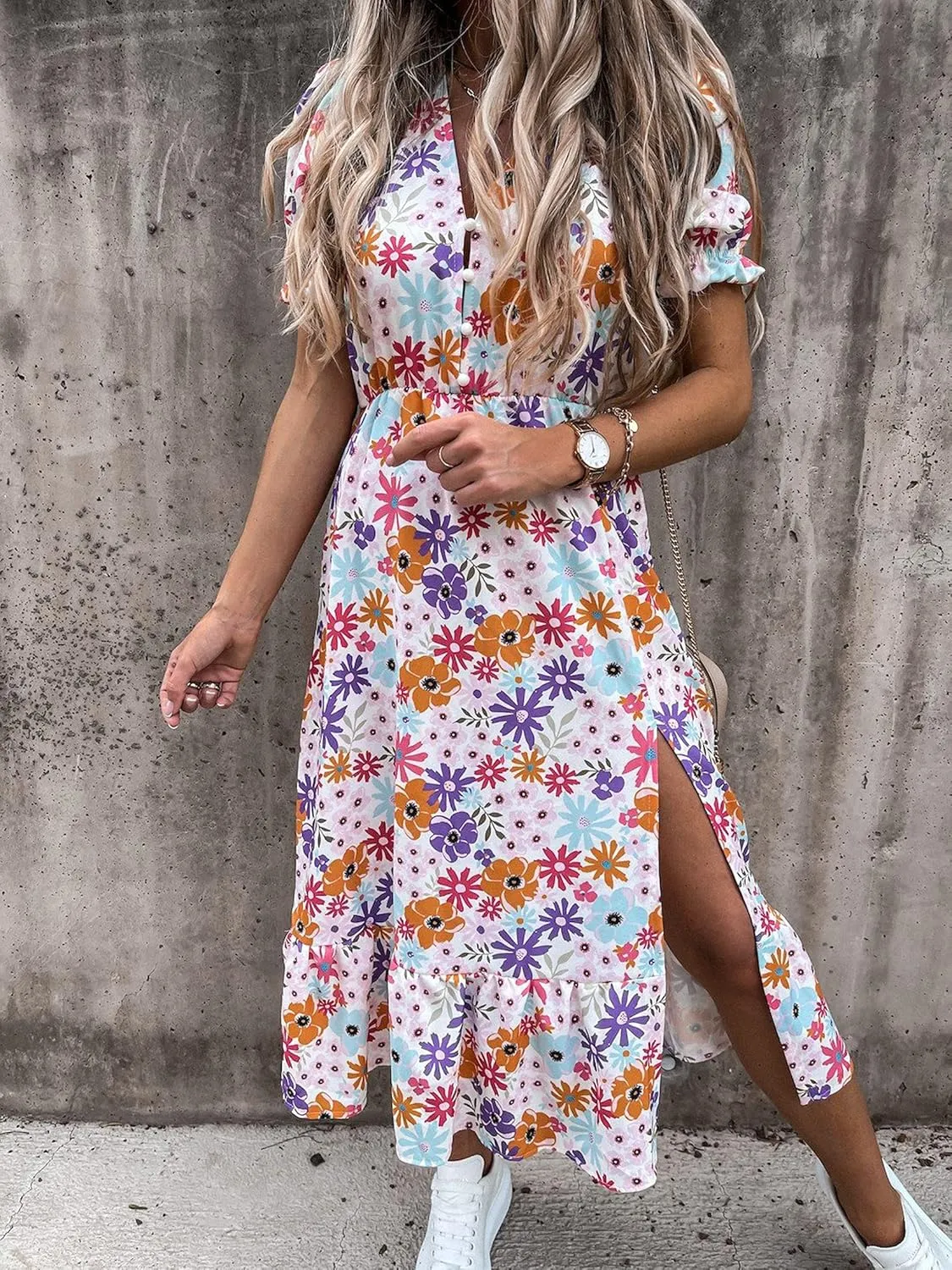 Women Summer Boho Short Sleeve Floral Maxi Dress V Neck Ruffle Bohemian Swing Beach Dresses Sundress