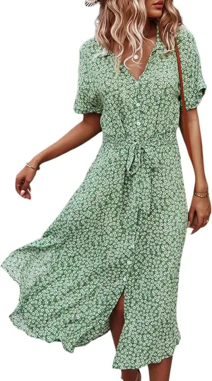 Women Summer Boho Short Sleeve Floral Maxi Dress V Neck Ruffle Bohemian Swing Beach Dresses Sundress