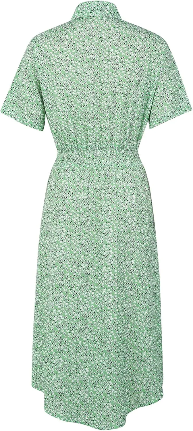 Women Summer Boho Short Sleeve Floral Maxi Dress V Neck Ruffle Bohemian Swing Beach Dresses Sundress