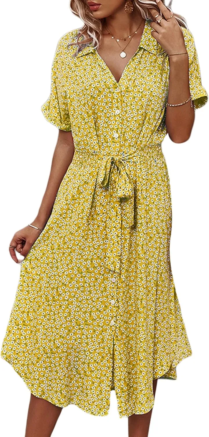 Women Summer Boho Short Sleeve Floral Maxi Dress V Neck Ruffle Bohemian Swing Beach Dresses Sundress