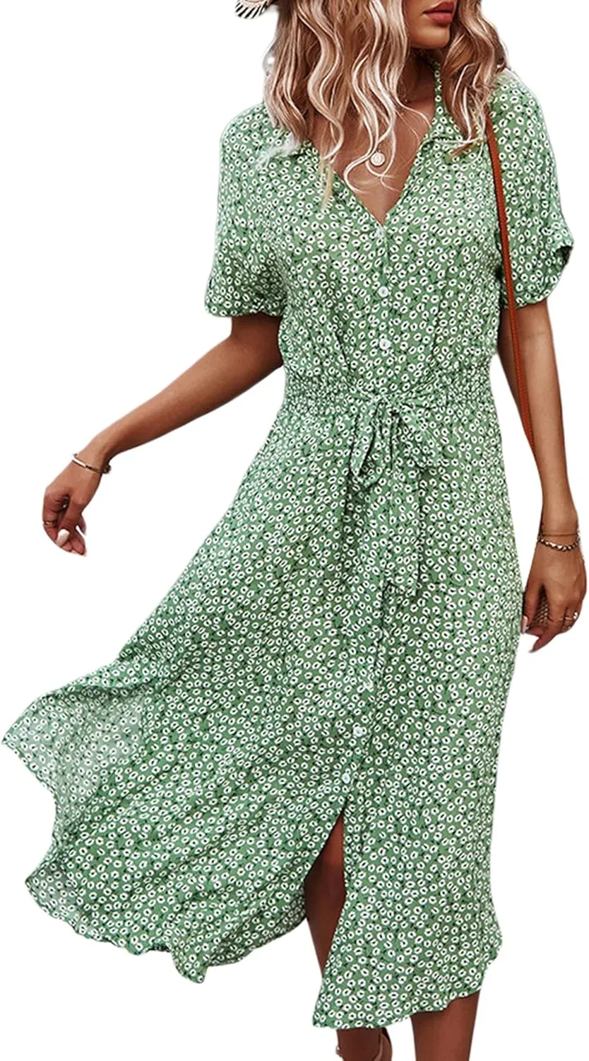 Women Summer Boho Short Sleeve Floral Maxi Dress V Neck Ruffle Bohemian Swing Beach Dresses Sundress