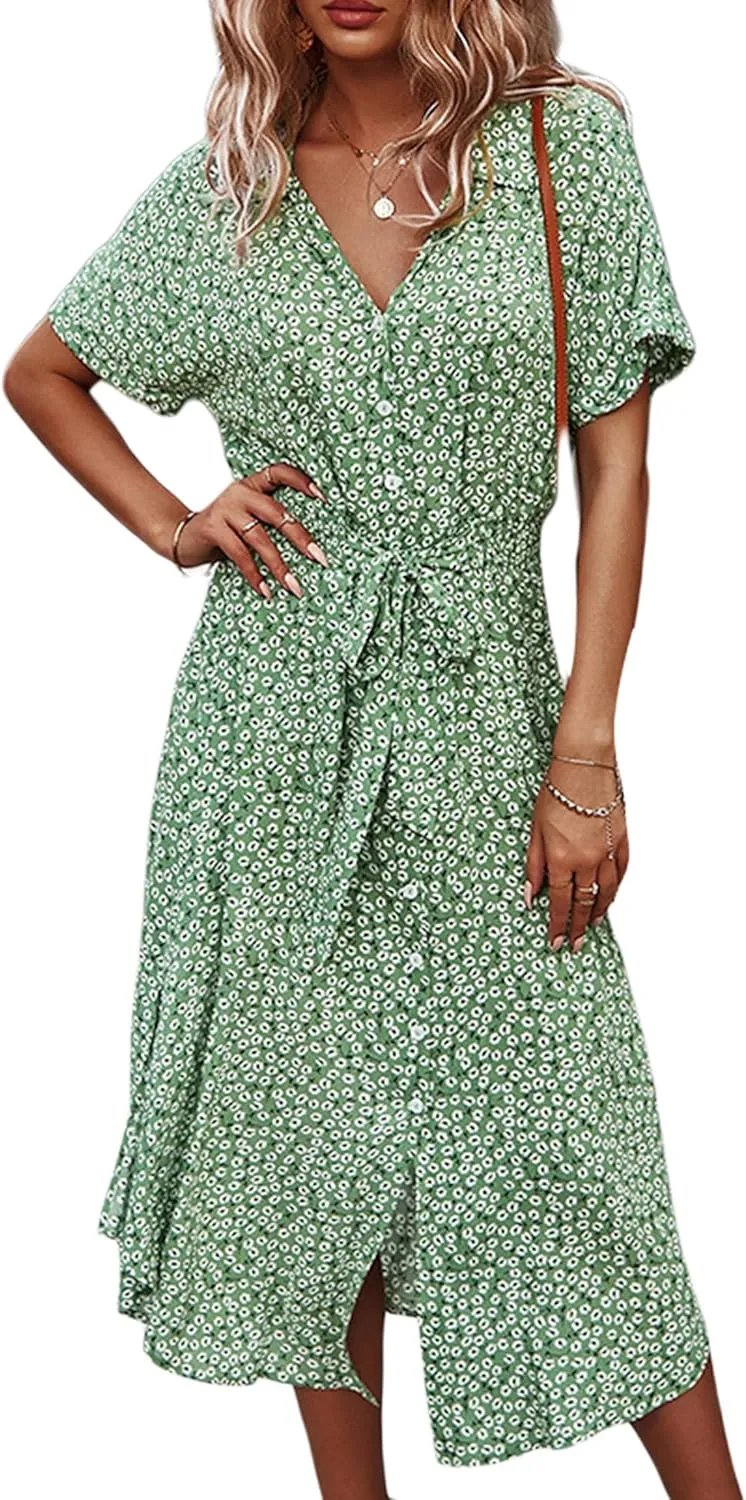 Women Summer Boho Short Sleeve Floral Maxi Dress V Neck Ruffle Bohemian Swing Beach Dresses Sundress