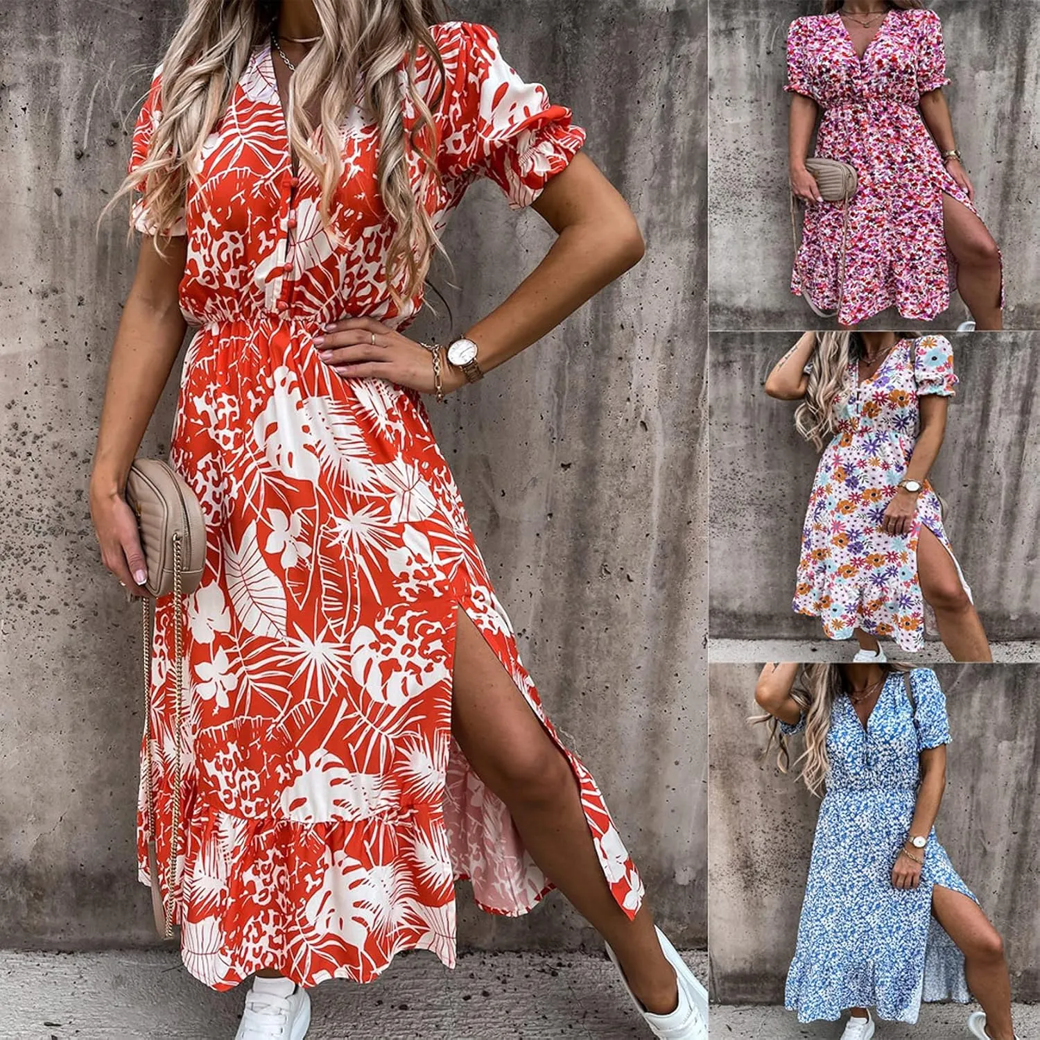 Women Summer Boho Short Sleeve Floral Maxi Dress V Neck Ruffle Bohemian Swing Beach Dresses Sundress