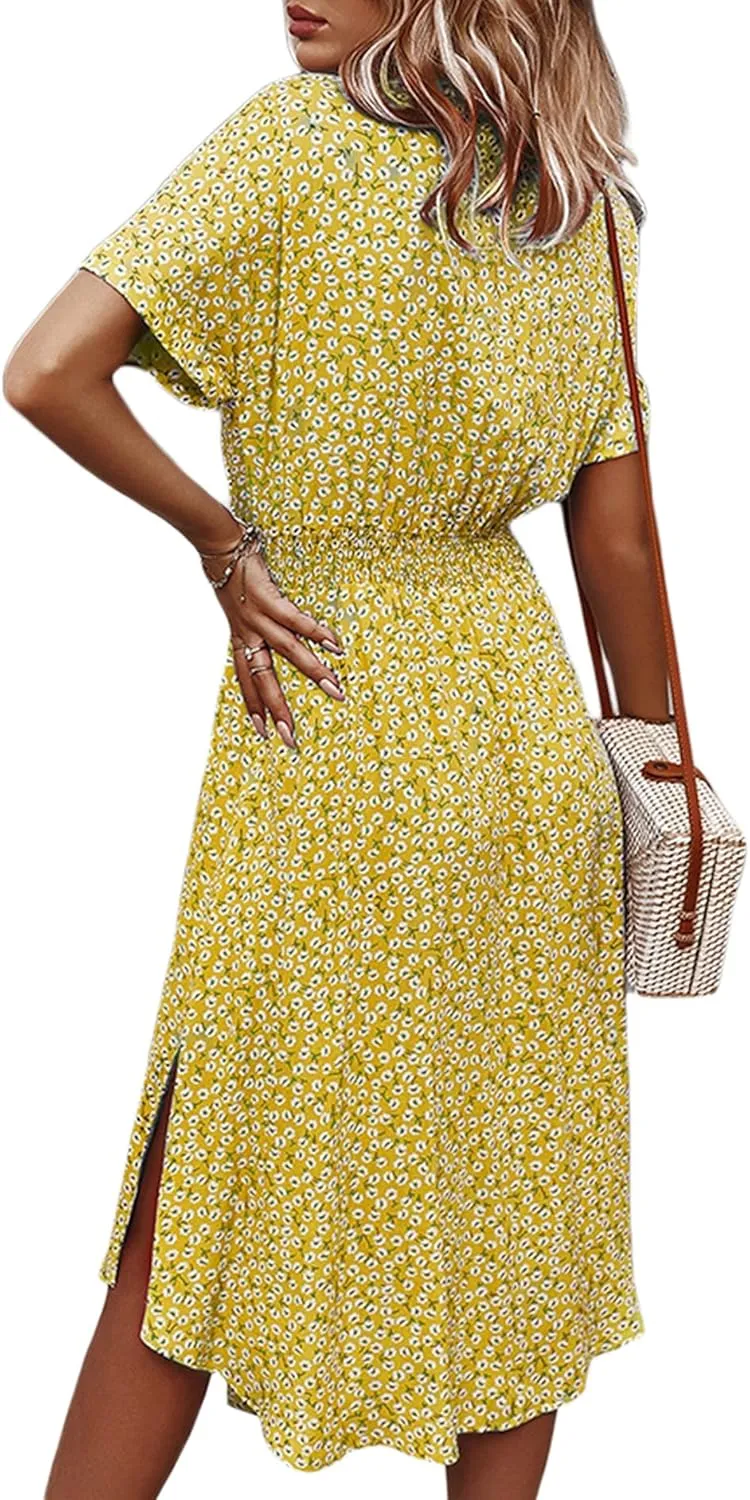 Women Summer Boho Short Sleeve Floral Maxi Dress V Neck Ruffle Bohemian Swing Beach Dresses Sundress